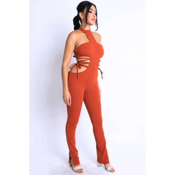 Women's Sexy Party Clubwear Cut Out Tie Detailed Grecian Neckline Jumpsuit - Picture 4 of 12